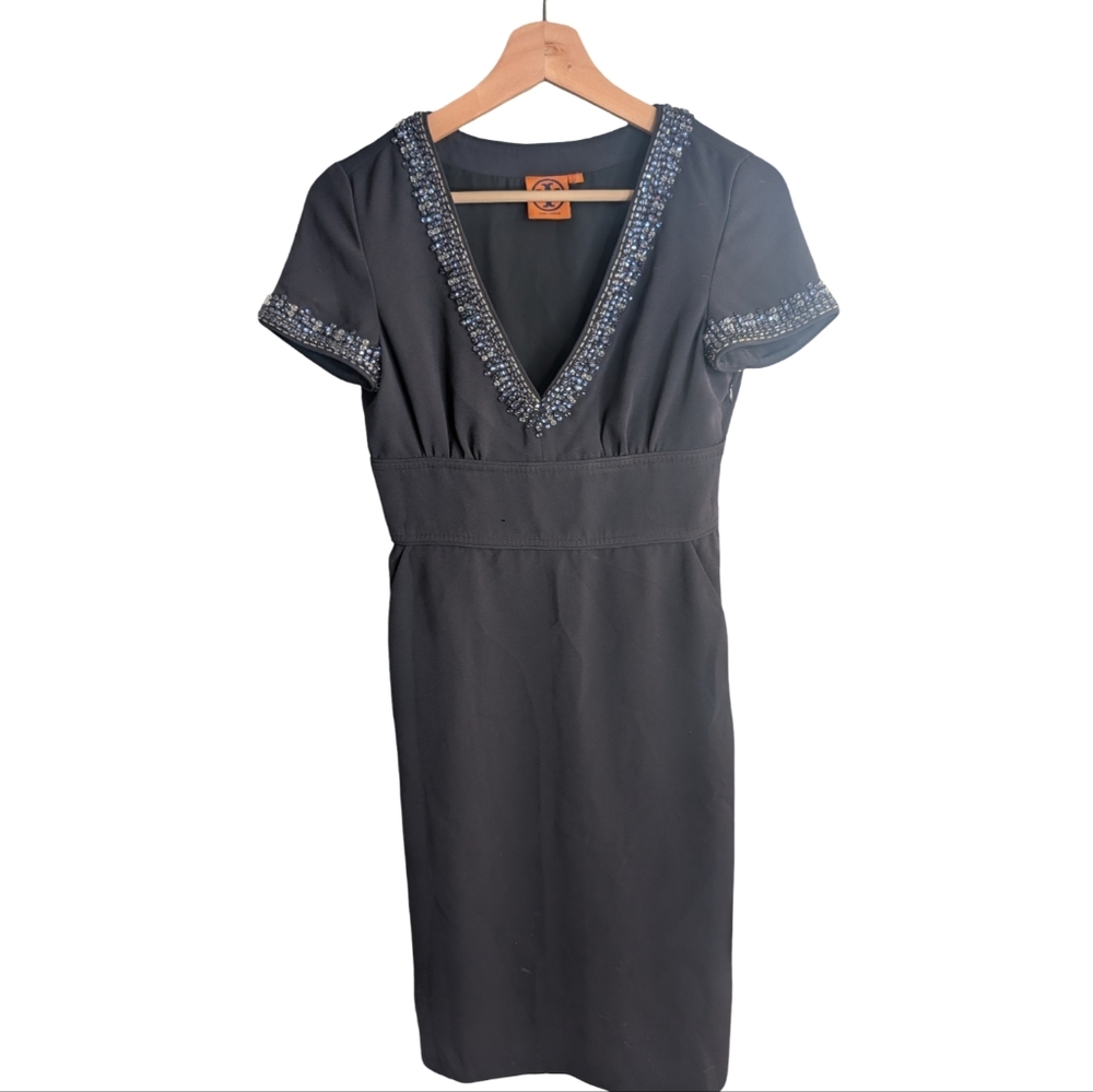 Tory Burch Navy Beaded  V-Neck Cocktail Dress Size 0